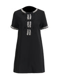 Diamond Drill Skirt 2025 Summer New Round Neck Short Sleeves Solid Color Waist Dress Dress Woman