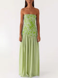 Personality Embroidery Beads Spliced Braided Dress Woman 2025 Summer New Open-Back Open Fork Waist Dress HZ0628