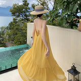 Seaside Holiday Yellow Bareback Sling Skirt Chiffon Design Long Dress Thai Bali Beach Dress