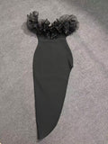 Niche V-Neck Thin Sexy Mesh Shoulder Dress Famous Style Bandge Jumpsuit