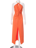 Women's Solid Color Hanging Neck Chain Hollow Open Fork Dress DJPT