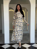 New Gentle Wind Crush Floral Dress Women's Round Collar Long-Sleeved Leaf-Side Dress