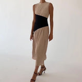 2024 Women's Clothing Folds Irregular Black Spliced Sleeveless Long Dress