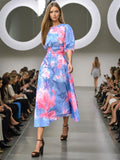 Wind And Waist Print Dress Women's Dress 2025 Spring New Round Collar High Waist Splicing Hollow Long Dress