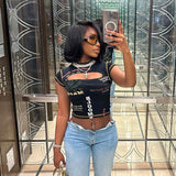 Round Collar Letter Print Sexy Hollow Short-Sleeved T-Shirt Girl New Hottie Fashion Top DJPT