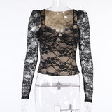 Temperament Lace Mesh Long-Sleeved Top Woman Women's Summer New Sexy Commuter T-Shirt DJPT