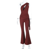 New Personality Fashion Sports Casual Slanted Shoulder Thin Ribbon With Body-Repair Jumpsuit DJPT