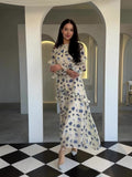 New Gentle Wind Crush Floral Dress Women's Round Collar Long-Sleeved Leaf-Side Dress