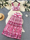And White Porcelain Printing Set Of Women In Summer Pure Desire To Bare Belt Slings Small Vest + High Waist Mid-Dress Skirt DJPT