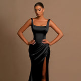 Autumn 2025 New Temperament Sexy Vest Thin Open Fork Long Dress Elastic Dress Woman DJPT