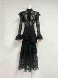 Summer New Collar Horn Long Sleeve With Waist Hollow Lace Dress Suit Woman