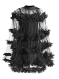 Famous Yuanfeng 2025 Summer New Round-Necked Long Sleeve Net Yarn Perspective Wood-Eared Splicing Design Dress Dress Woman