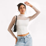 Women's High-Collar Mesh Splicing Long Sleeve Sexy Perspective Short Top DJPT