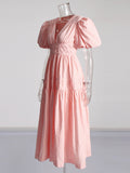 Retro Elegant Style Dress 2025 Summer New V-Neck Bubble Sleeve Folded Lotus Leaves Side Waist Dress Dress Woman