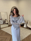 Square Collar Splicing Folded Silk Light Sweet Solid Color Horn Sleeve Bag Hip Dress