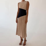 2024 Women's Clothing Folds Irregular Black Spliced Sleeveless Long Dress
