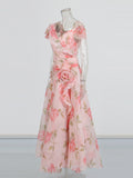 Vintage Flower Drewing Dress 2025 Summer New V-Neck Waist Opened Lotus Leaf Side Dress