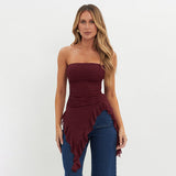 Women's Clothing 2024 New Solid Color Repair Irregular Lotus Leaf Side High-Waist Net Yarn Top DJPT