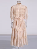 Rhyme 2025 Summer New Vintage Long Dress Stand Bubble Bubble Sleeve Leanlace Side Pin Solid Color Dress