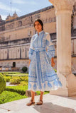 Autumn New Blue And White Printing Collar Lantern Sleeve Single Buckle Belt Waist Display Thin Dress