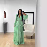 2024 Elegant Splicing Long-Sleeved V-Neck Dress Women's Long Dress