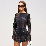 Women's Fashion Positioning Print Long-Sleeved Ass Short Skirt DJPT