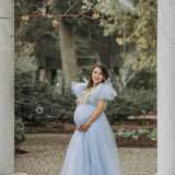 Women's Clothing Splicing Mesh Yarn Fluttering Shoulders Forked Pregnant Woman Drag Dress Photo Drag Floor Dress 1227 Maternity