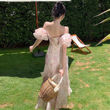 Bubble Sleeve Chiffon Flower Hanging Dress Women Summer Seaside Holiday Super Fairy Long Dress