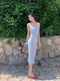 Mengling With A Sweet Blue Checkerge Dress 2025 Retro Square Collar Sexy Body Dress