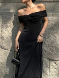 Temperament Sexy Word Collar Twisted Folds Folded White Evening Dress Dress Dress Dress Dress Woman