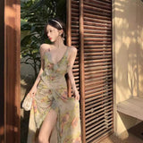 Floral Sexy Bareback Holiday Sling Dress Fairy Beach Long Dress Summer