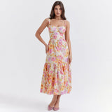 New Long Dress Print Sling Skirt Word Shoulder Fold Lace Crumped Dress