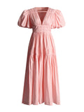 Retro Elegant Style Dress 2025 Summer New V-Neck Bubble Sleeve Folded Lotus Leaves Side Waist Dress Dress Woman