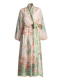 Literary And Art Vintage Dress 2025 Summer New V-Neck Print Lantern Sleeve High-Waisted Dress Woman