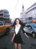 Mengling With A Retro Shirt Collar Splicing V-Neck Dress Autumn And Winter High-End Black And White Folding Dress