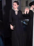 2025 Cuffed Ostrich Hair Decoration Dress Neck Collared Diamond Dress