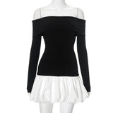 Women's New Word Collar Shoulder Long Sleeve Splicing Floral Skirt DJPT