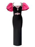 New Heavy Industry Diamond-Stuffed Temperament Rose Red Bubble Sleeve Banded Dress Banquet High-End Evening Dress