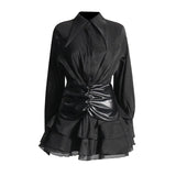 Temperament Sister Style Dress Woman 2025 Summer High-Grade Folded Long Sleeve High-Waisted Leaf Side Short Dress Women's Dress
