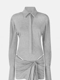 Babes Gray Long-Sleeved Polo Collar Short Dress Girl Niche Fall Sexy Irregular Hollow Dress