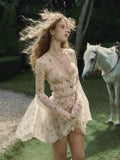 Niche Pure Lusty Sweet V-Neck Crumb Dress Horn Sleeves To Close The Waist Thin Atmosphere Holiday Dress