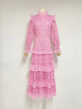 Autumn New Retro Style Lace Lace Splicing Long Dress Design Hollow Waist Dress