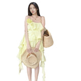 Holiday Wind Sweet Layer Wave Dress Lotus Leaf Side With Flower Sling Skirt 2024 New