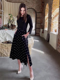 2024 New Long-Sleeved Wave Dot Round Neck Dress Waist Temperament Dress Female