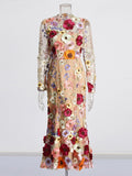 Retro-Colored Floral Embroidery Design For The Summer Of 2025 New Round-Neck Long-Sleeved Heavyweight High-Waisted Dress Woman