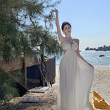 Breast Slings White Languing Folded Long Skirt Banquet Dress Holiday 100 Folded Beach Dress Girl