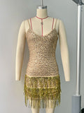 Women's Decoration Body Elegant Sexy Dress Deep V Lyso Dress Gold Lily Sling Skirt