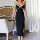 Summer New Women's Sexy Bare Back Black And White Lines Bump Color Chest Sling Dress
