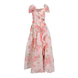 Vintage Flower Drewing Dress 2025 Summer New V-Neck Waist Opened Lotus Leaf Side Dress