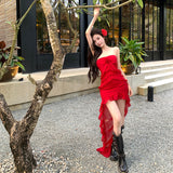 Sexy Pure Lust Wind Heavy Industry Lotus Side Drag Tail Irregular Braid Dress Holiday Red Chiffon Dress
